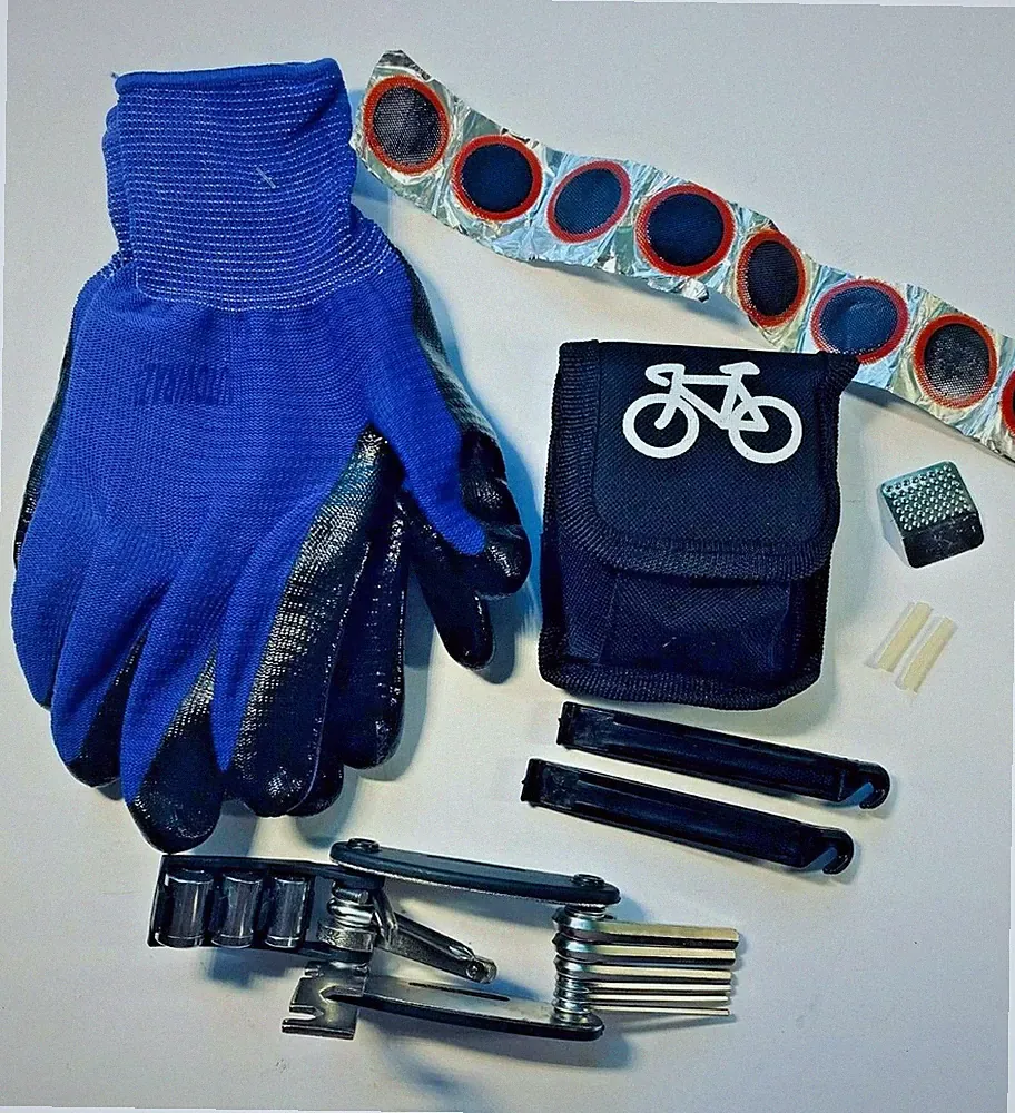 16 IN 1 Multi-use Bicycle Cycling Bike Tire Repair Patch Tools, Lg Gloves & Bag