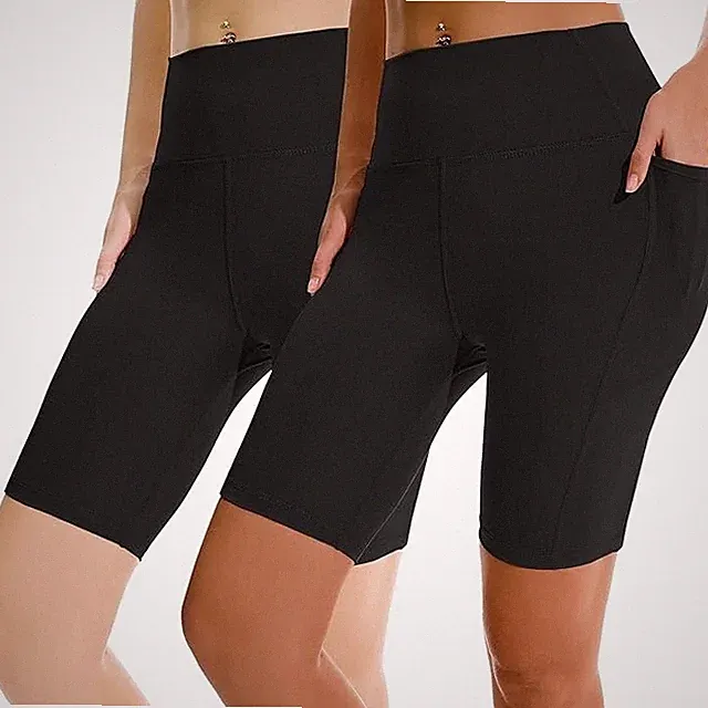 2 Pack Workout Shorts, 8" Biker Shorts Women High Waist, Spandex Yoga Shorts