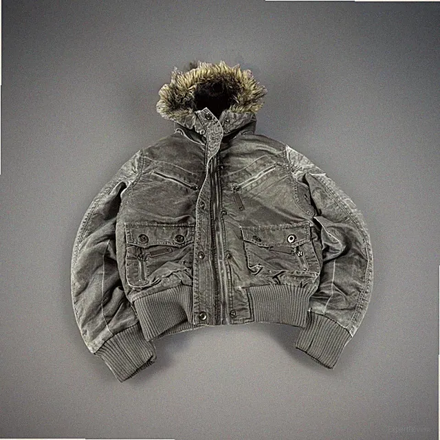2000s Cropped Archive Washed Fur Hood Zip Bomber Jacket Y2K Streetwear CRAZY!
