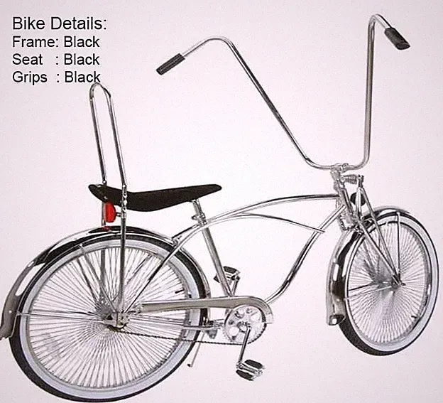 26" BEACH CRUISER BICYCLE W/144 SPOKE CHROME WHEELS, 22" HANDLEBAR & BLACK FRAME