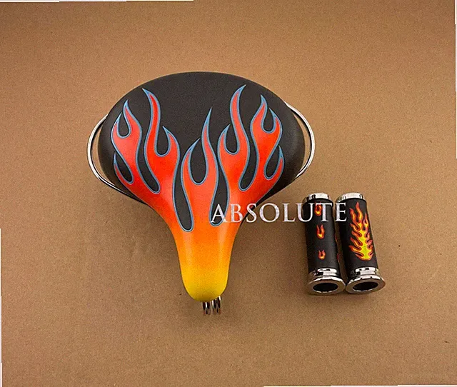 ABSOLUTE BEACH CRUISER FLAME WEB STYLE SADDLE W/FLAMES BLACK/CHROME SKULL GRIPS.