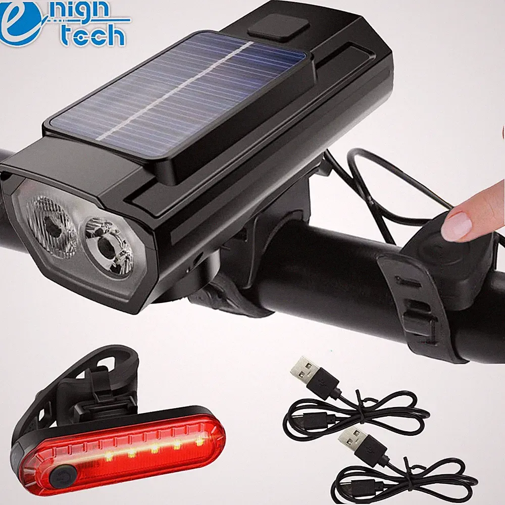 Bike Bicycle Headlight Taillight w/ Horn Set Solar & USB Rechargeable Waterproof