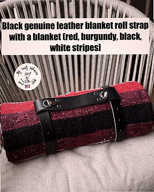Black Genuine Leather Blanket Roll / Bed Roll Strap With A Blanket