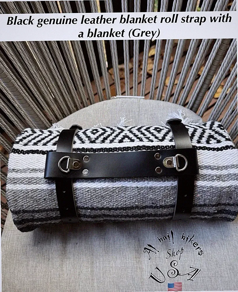 Black Genuine Leather Blanket Roll / Bed Roll Strap With A Blanket (Grey)