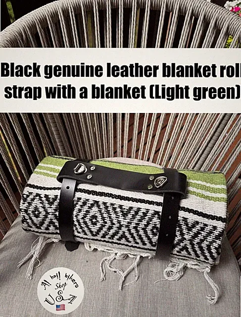 Black Genuine Leather Blanket Roll / Bed Roll Strap With A Blanket (Light Green)