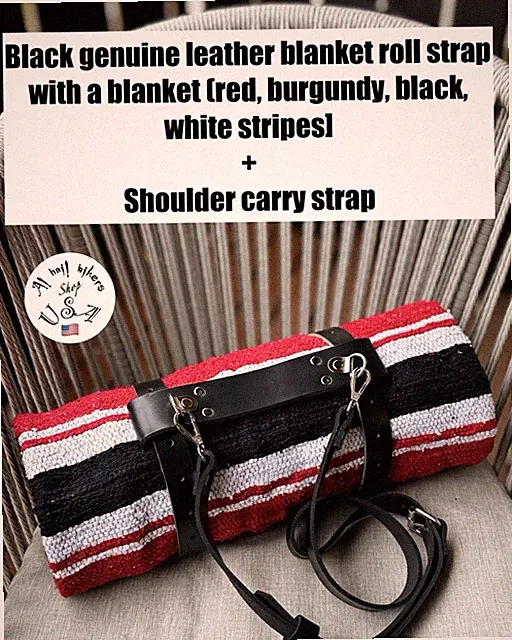Black Genuine Leather Blanket Roll Strap With a Blanket And Shoulder Carry Strap