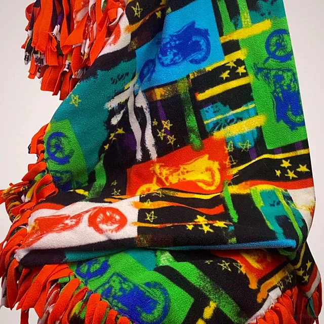 Hand Tied Fleece Blanket Motorcycle Bike 50x64 Throw Orange Rainbow
