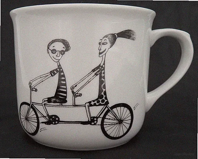 Large Ceramic Coffee Mug Tandem Bicycle Couple Caricature White Black 20 oz