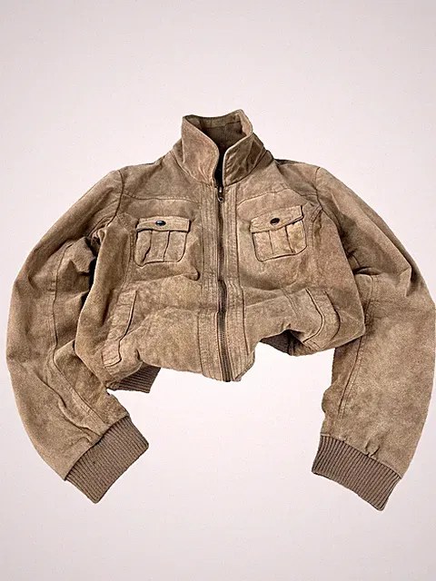 Pimkie Vintage Suede Leather Bomber Jacket Cropped Utility Y2K Beige Beige