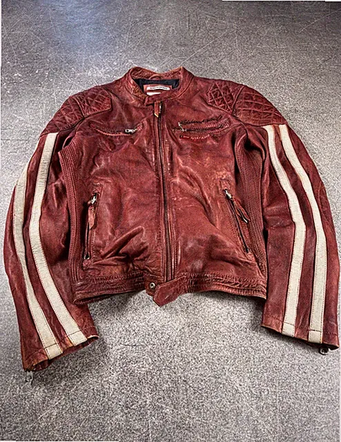 Redskins 80-90s Leather Striped Jacket Distressed Racing Cafe Racer Vtg Moto