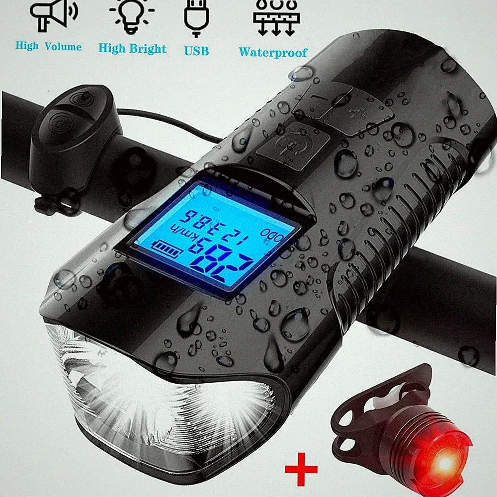 USB Rechargeable LED Bicycle Bike Headlight Rear Tail Light Speedometer Odometer