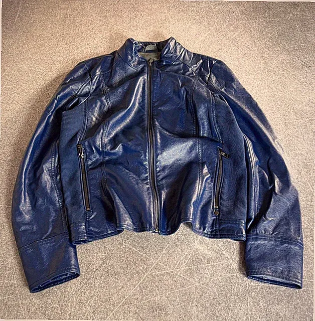 Y2K Blue Leather Moto Jacket Cropped Fitted Biker Streetwear Zip Up Style vtg